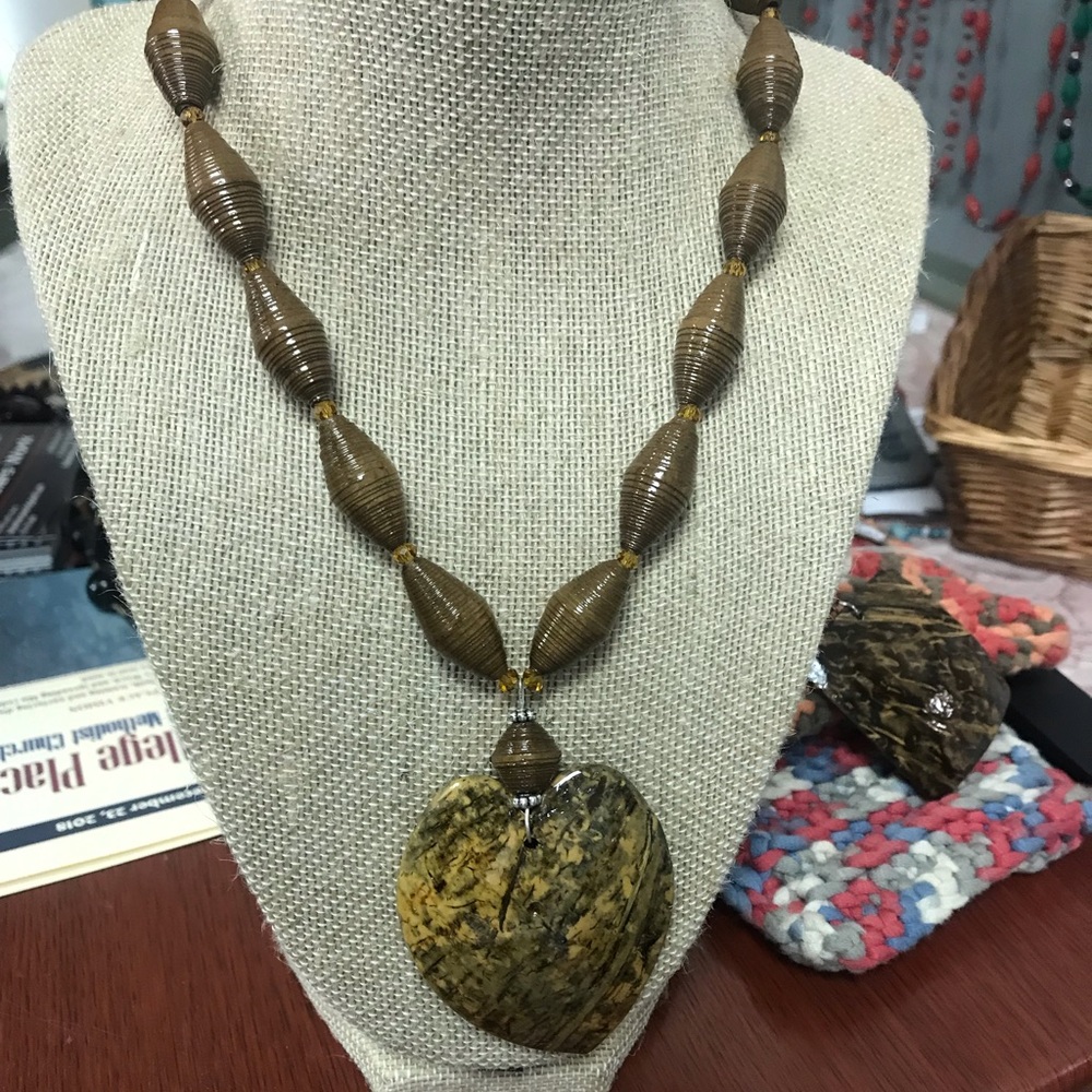 Paperbead Necklace w Coconut Shell Pendant